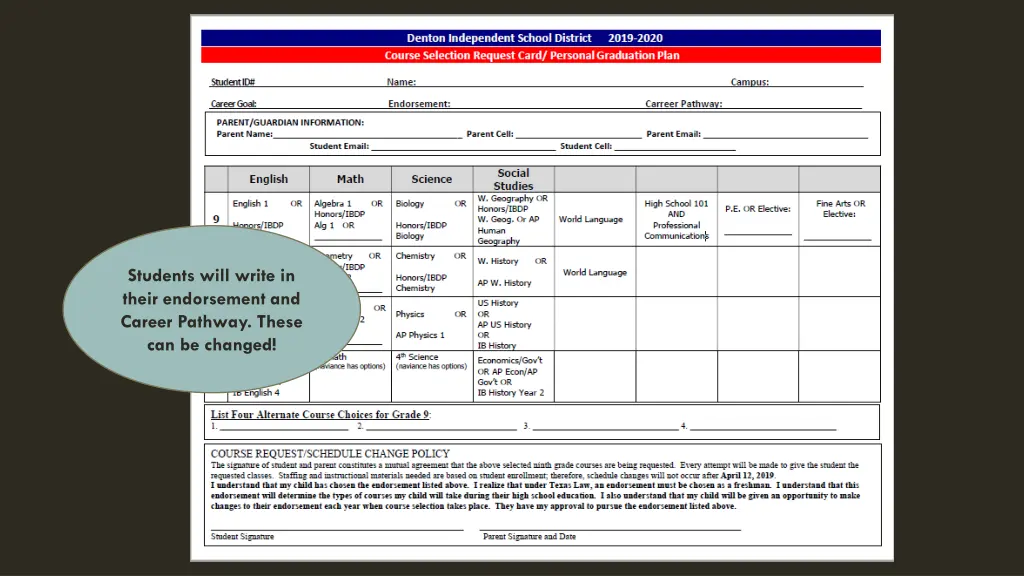 students will write in their endorsement