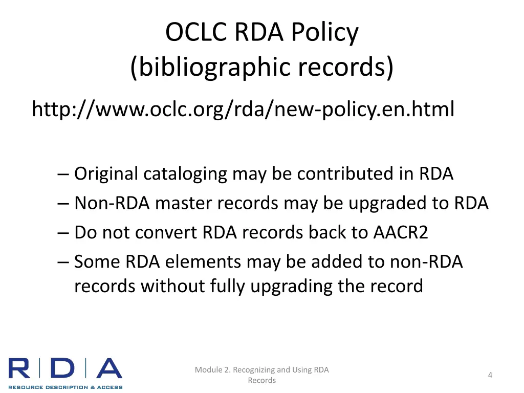 oclc rda policy bibliographic records