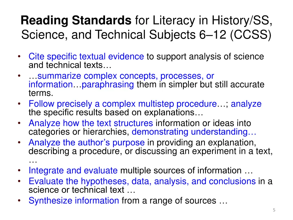 reading standards for literacy in history
