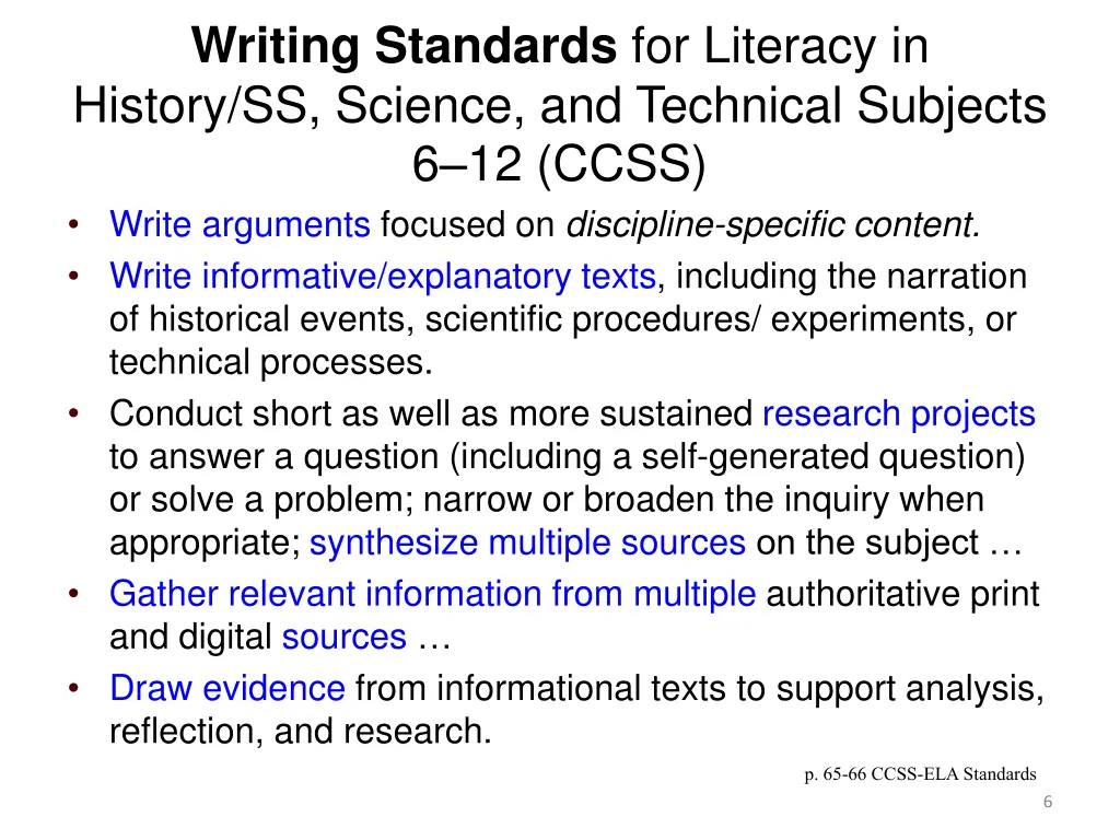 writing standards for literacy in history