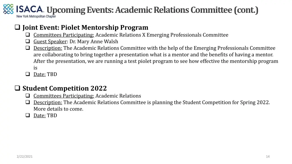 upcoming events academic relations committee cont