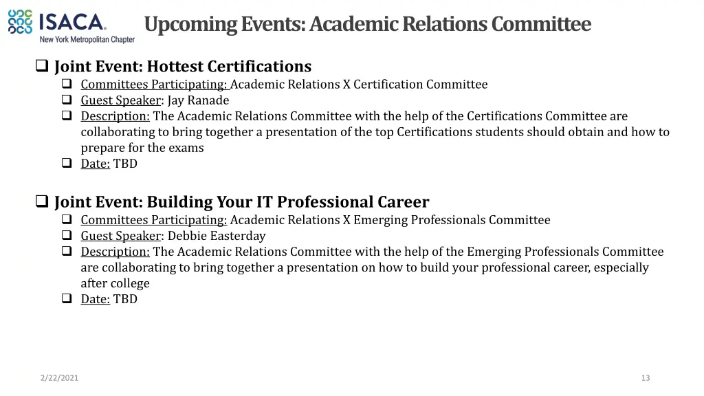 upcoming events academic relations committee