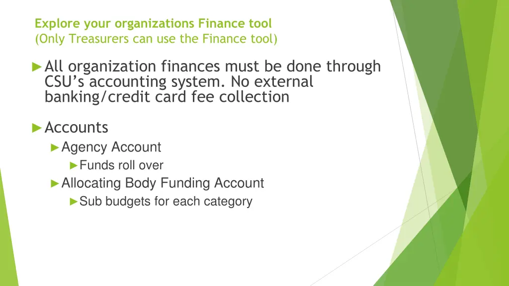 explore your organizations finance tool only