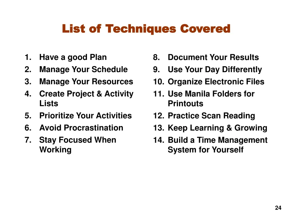 list of techniques covered list of techniques