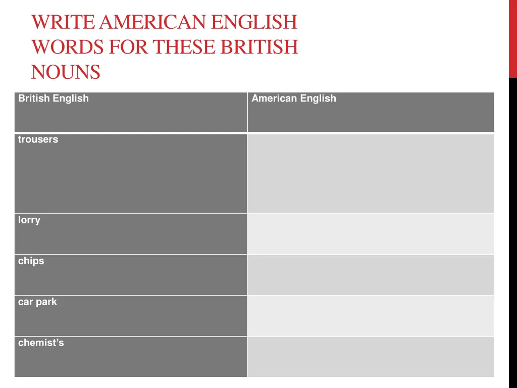 write american english words for these british