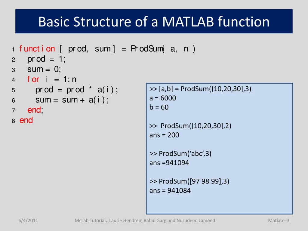 basic structure of a matlab function