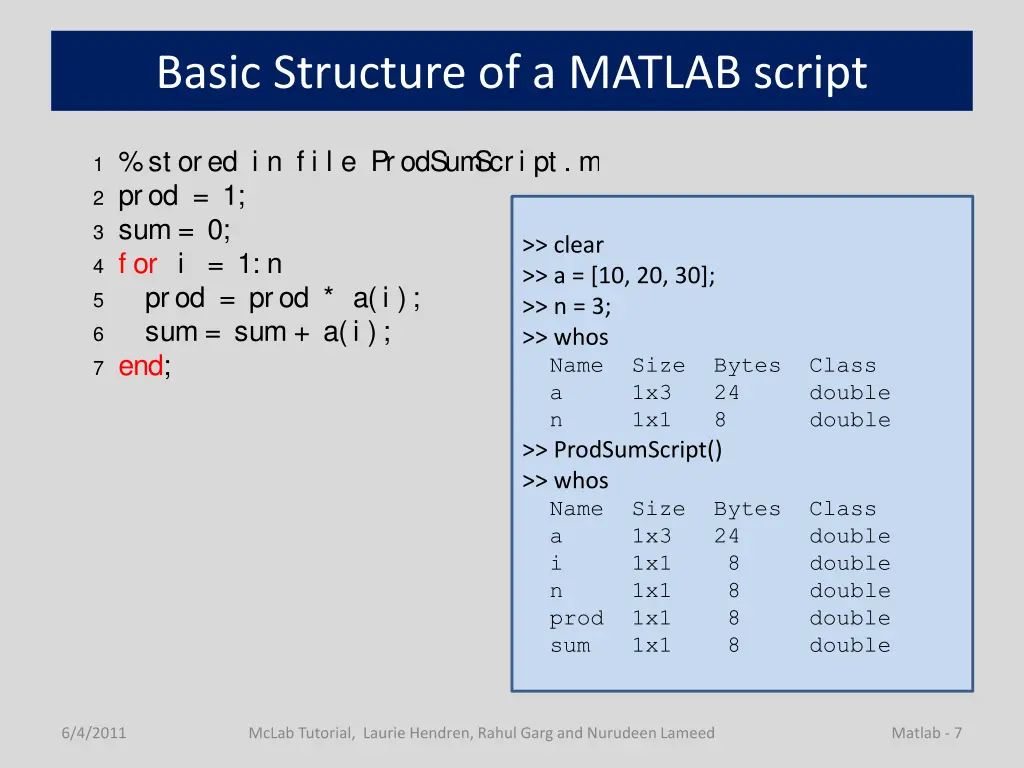 basic structure of a matlab script