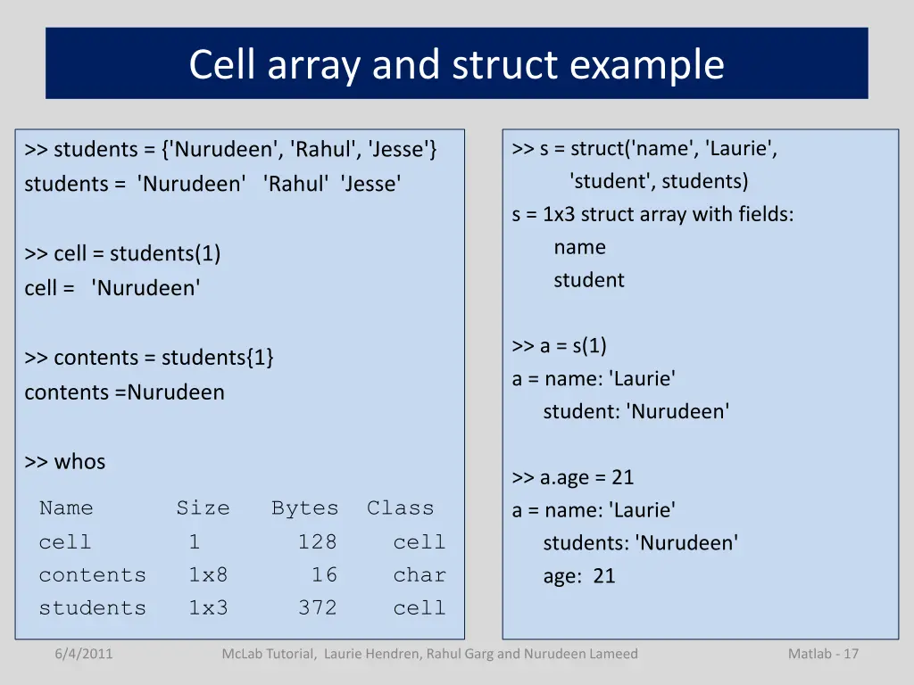 cell array and struct example