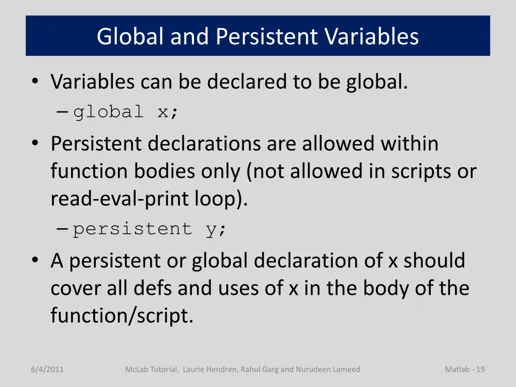 global and persistent variables