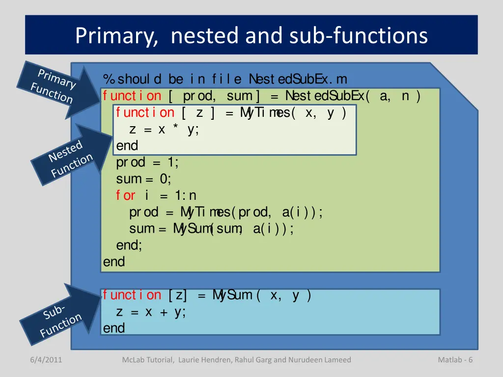 primary nested and sub functions