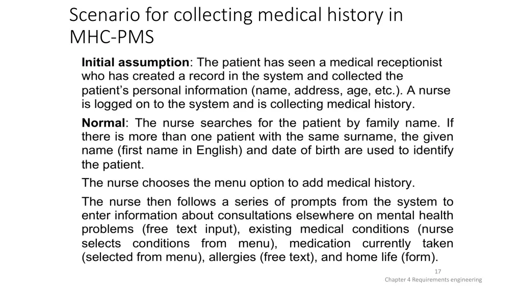 scenario for collecting medical history in mhc pms