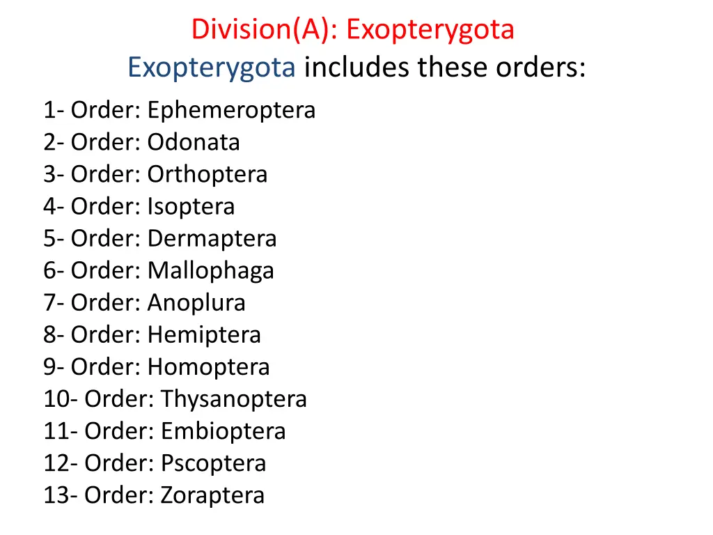 division a exopterygota exopterygota includes