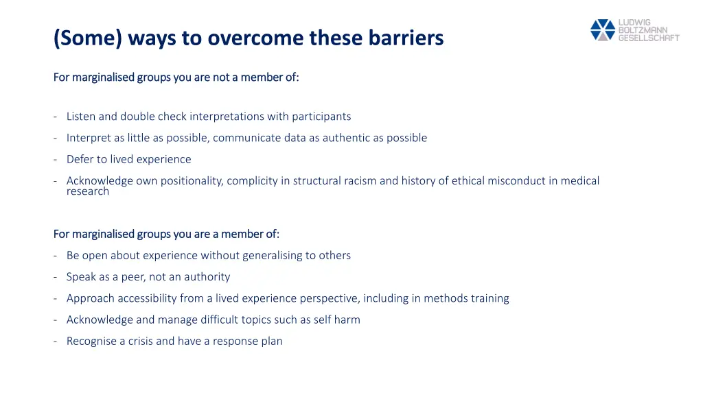 some ways to overcome these barriers