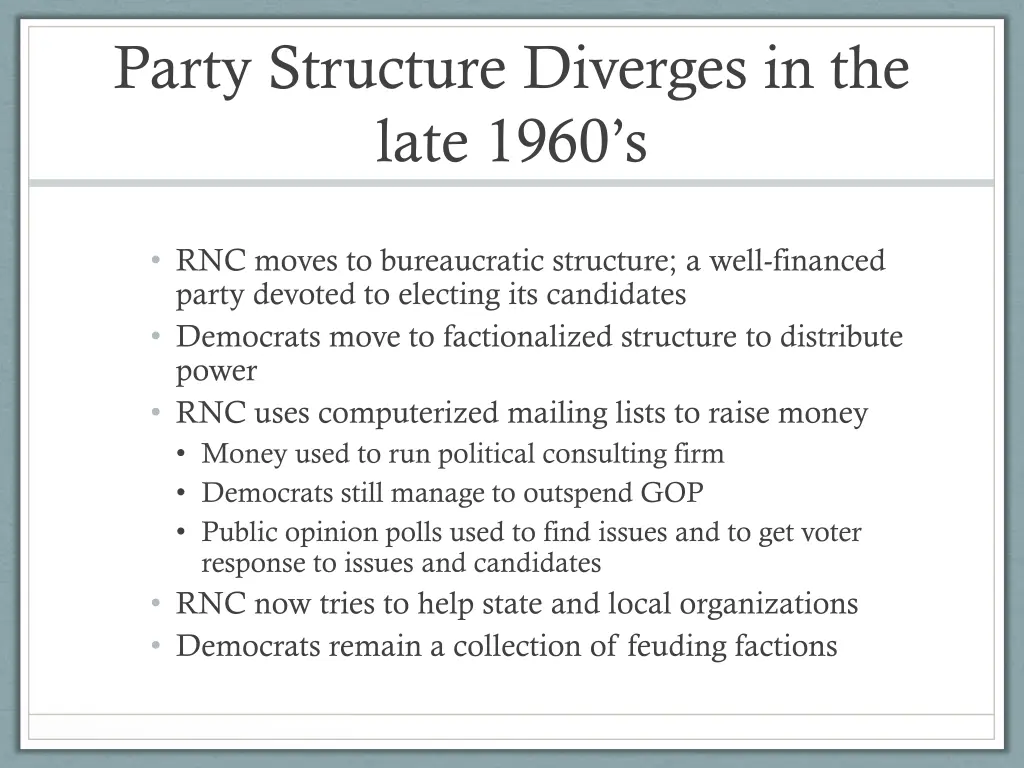 party structure diverges in the late 1960 s
