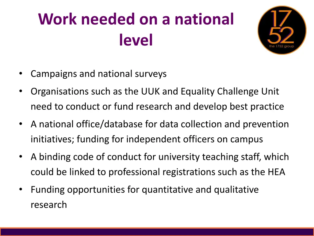 work needed on a national level