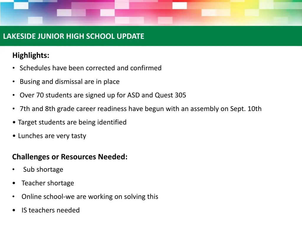 lakeside junior high school update