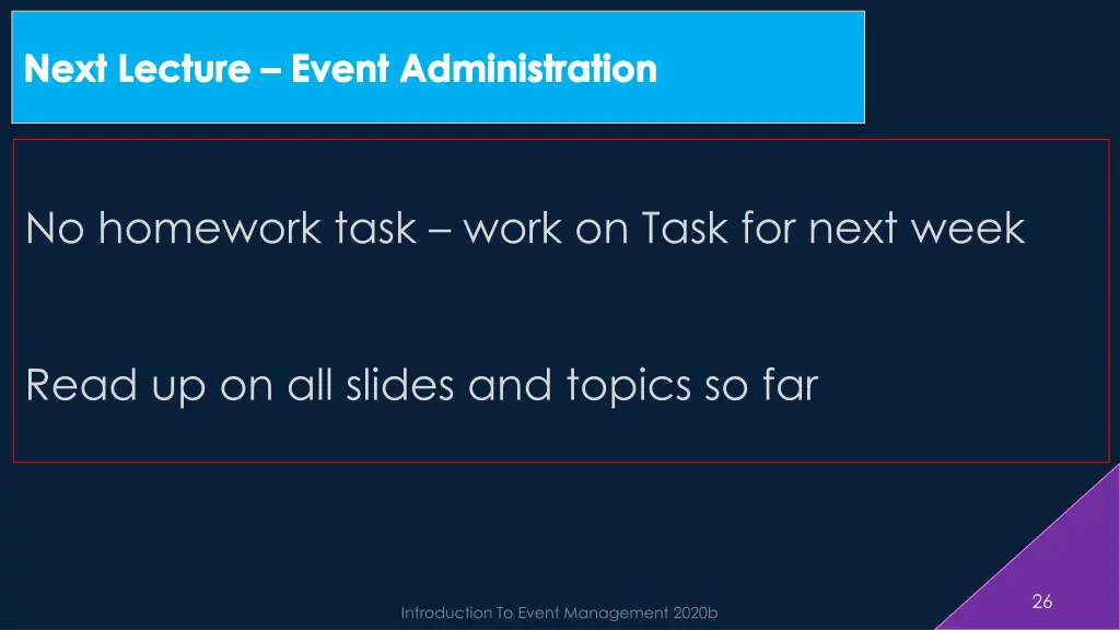 next lecture event administration