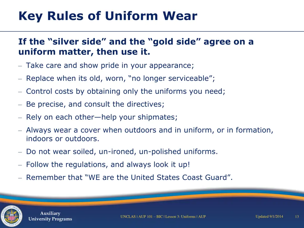key rules of uniform wear