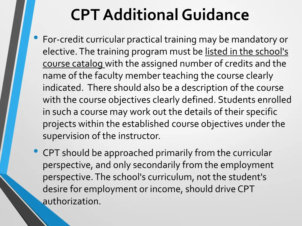 cpt additional guidance for credit curricular