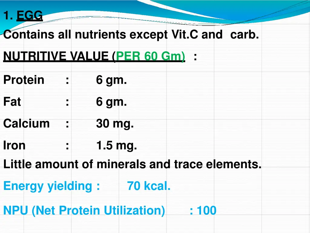 1 egg contains all nutrients except vit c and carb