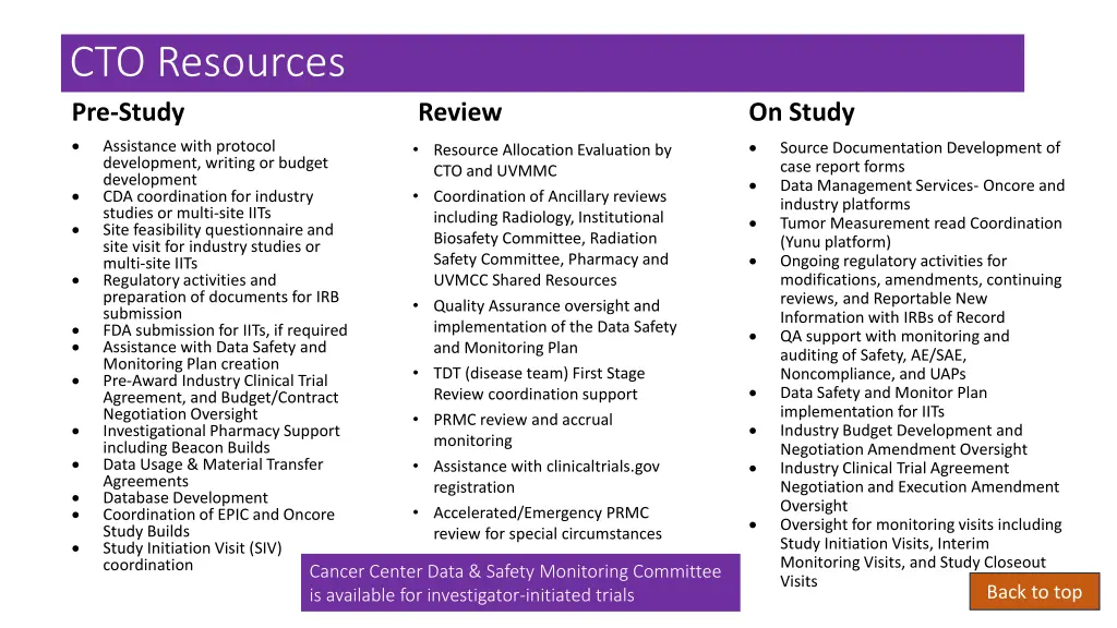 cto resources pre study assistance with protocol