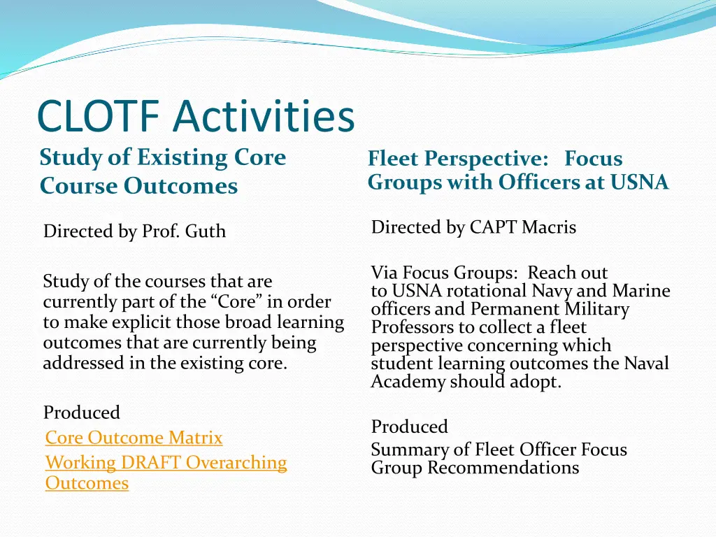 clotf activities study of existing core course