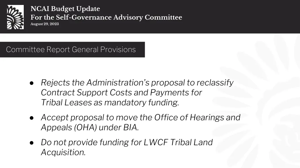 ncai budget update for the self governance 13