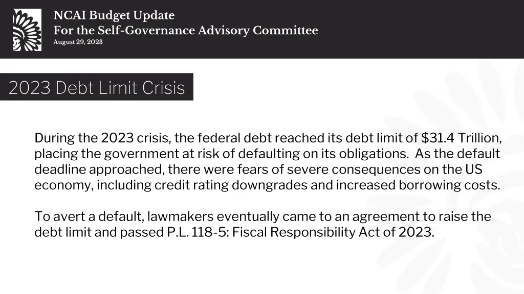 ncai budget update for the self governance 2