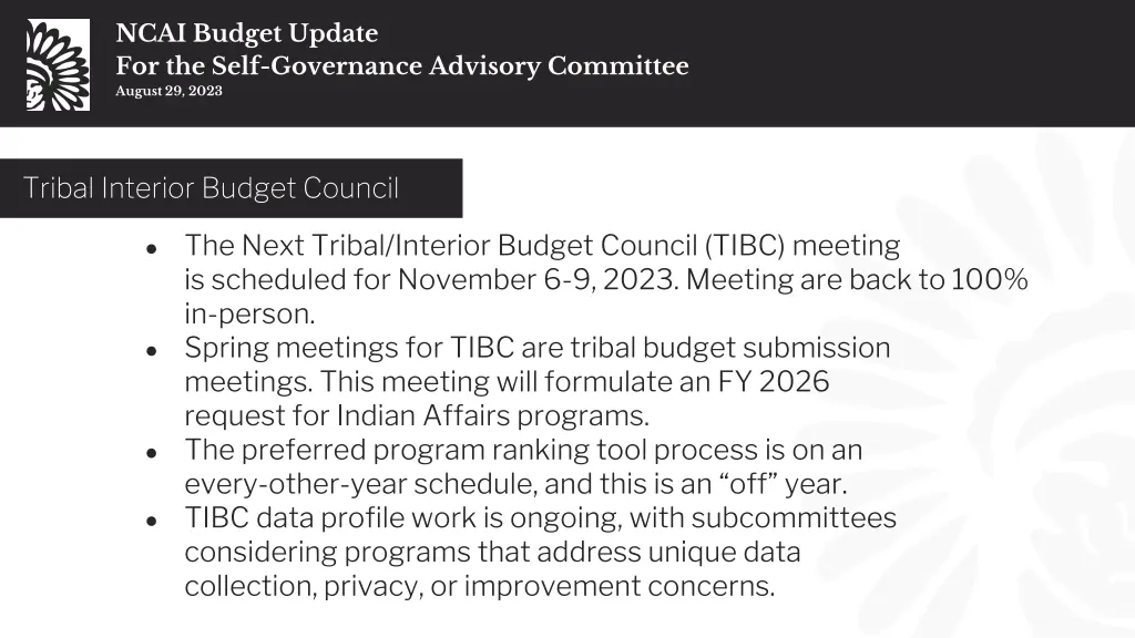 ncai budget update for the self governance 20