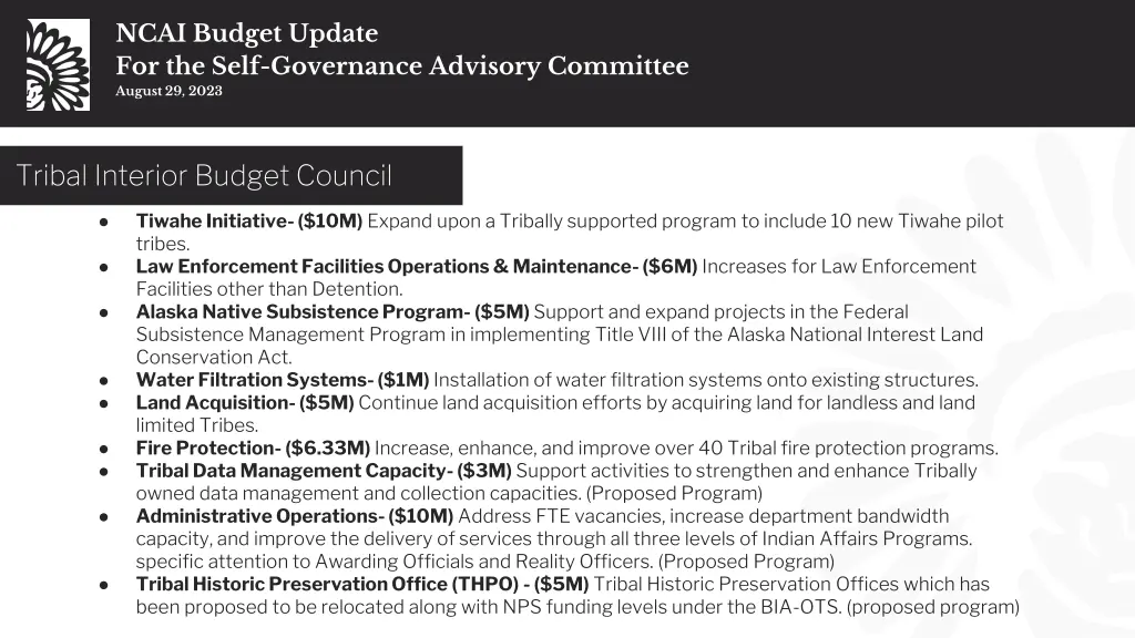 ncai budget update for the self governance 24