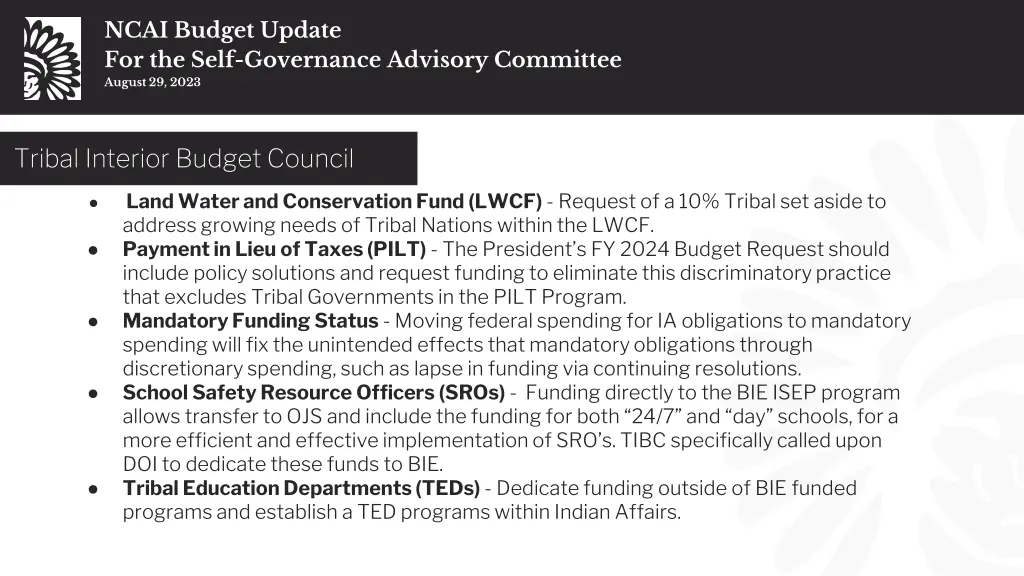 ncai budget update for the self governance 25