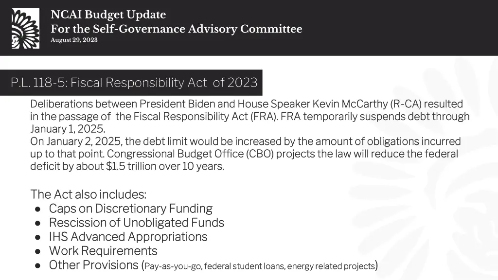 ncai budget update for the self governance 3