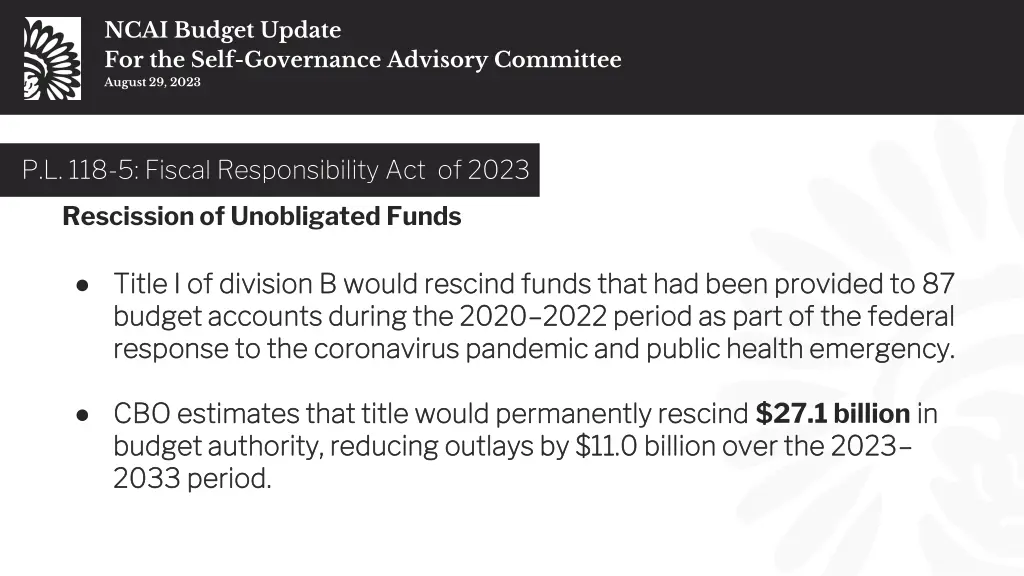 ncai budget update for the self governance 5