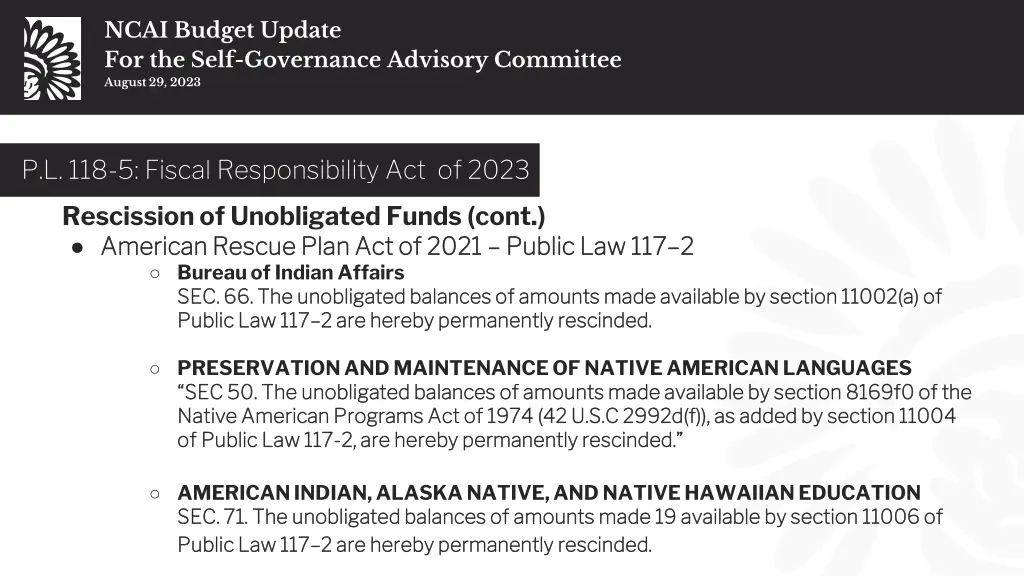 ncai budget update for the self governance 6