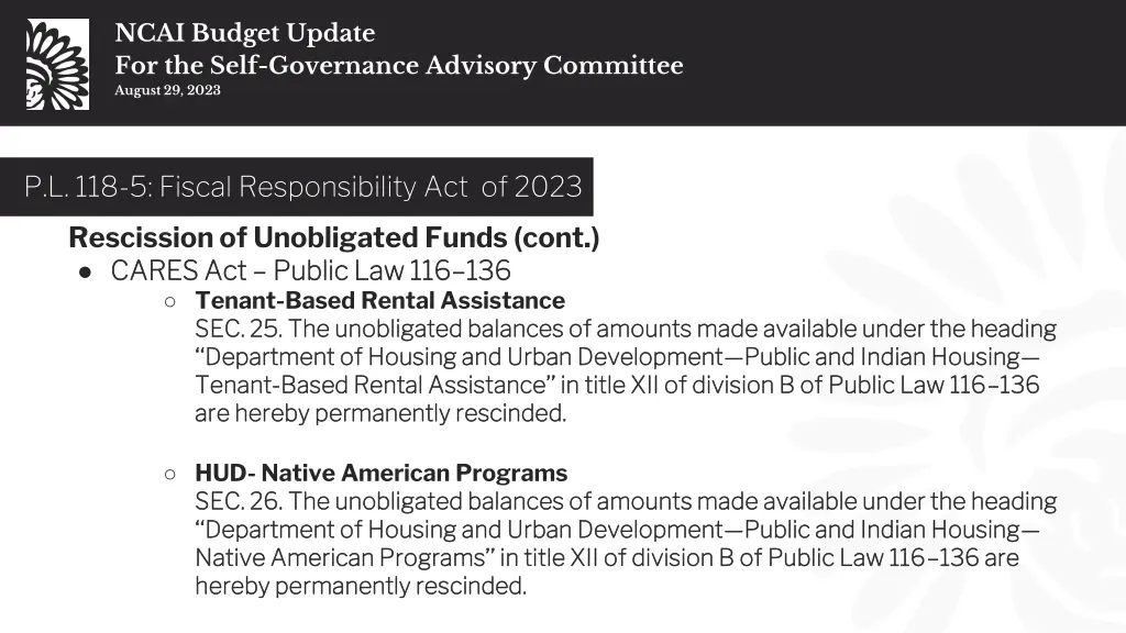ncai budget update for the self governance 7