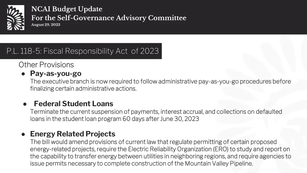 ncai budget update for the self governance 9