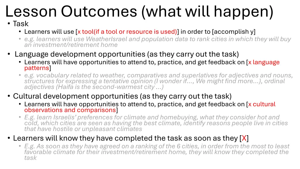 lesson outcomes what will happen task learners