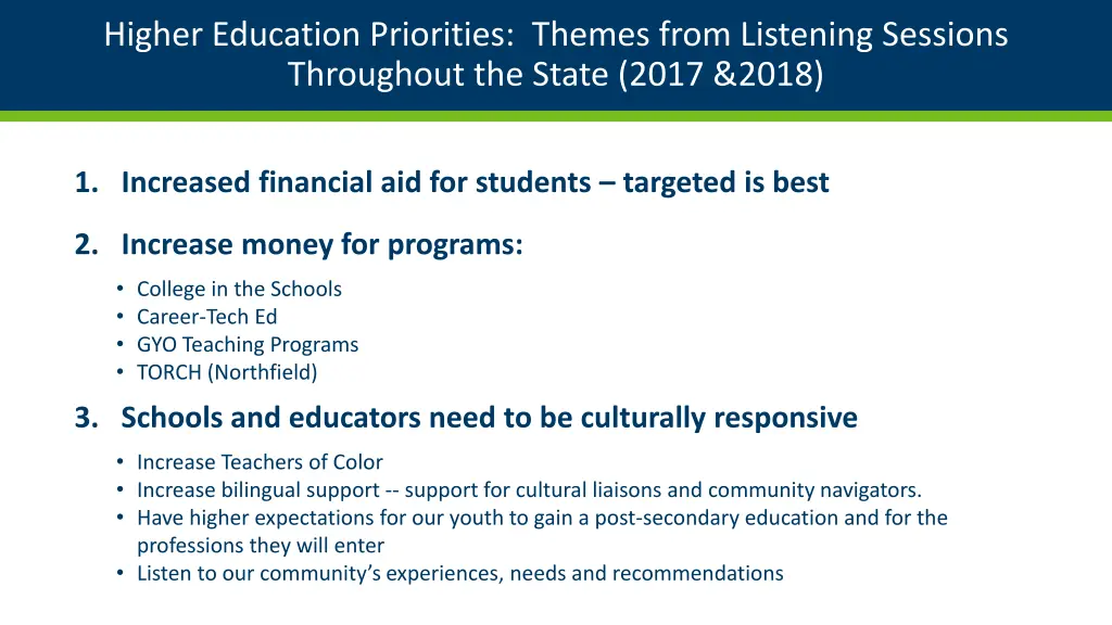 higher education priorities themes from listening