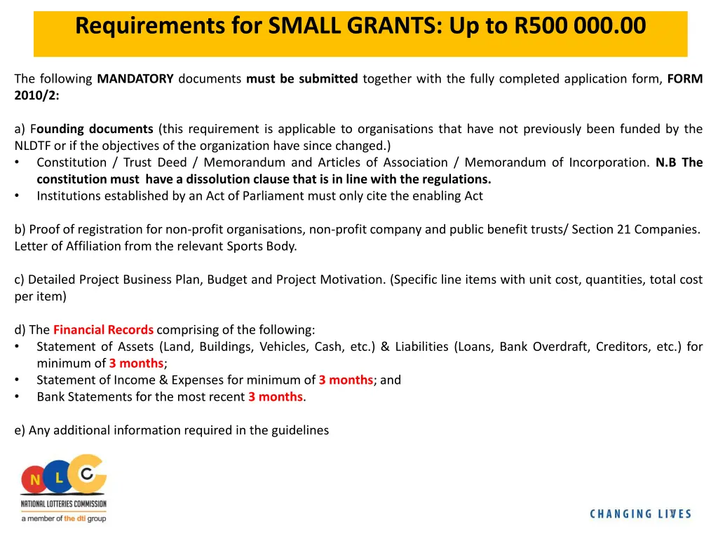 requirements for small grants up to r500 000 00