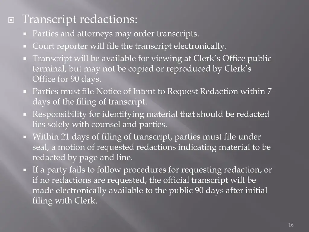 transcript redactions parties and attorneys