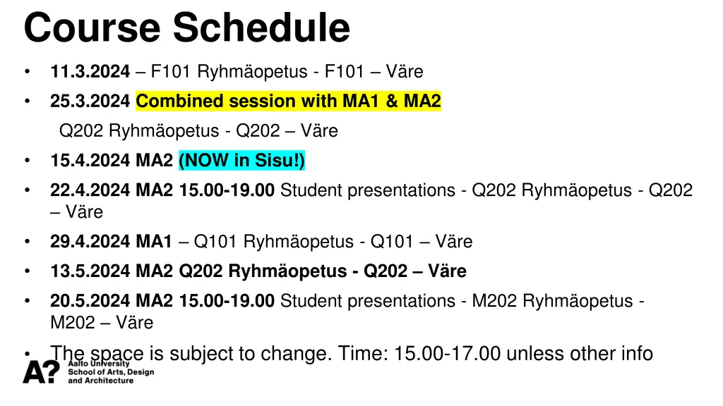 course schedule