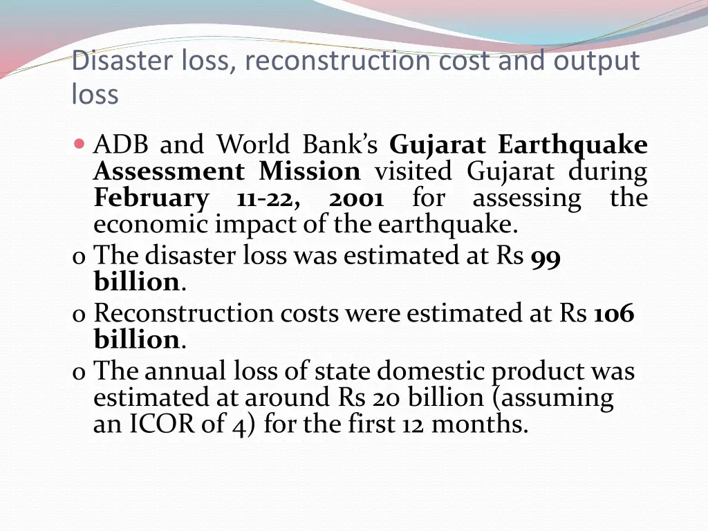disaster loss reconstruction cost and output loss