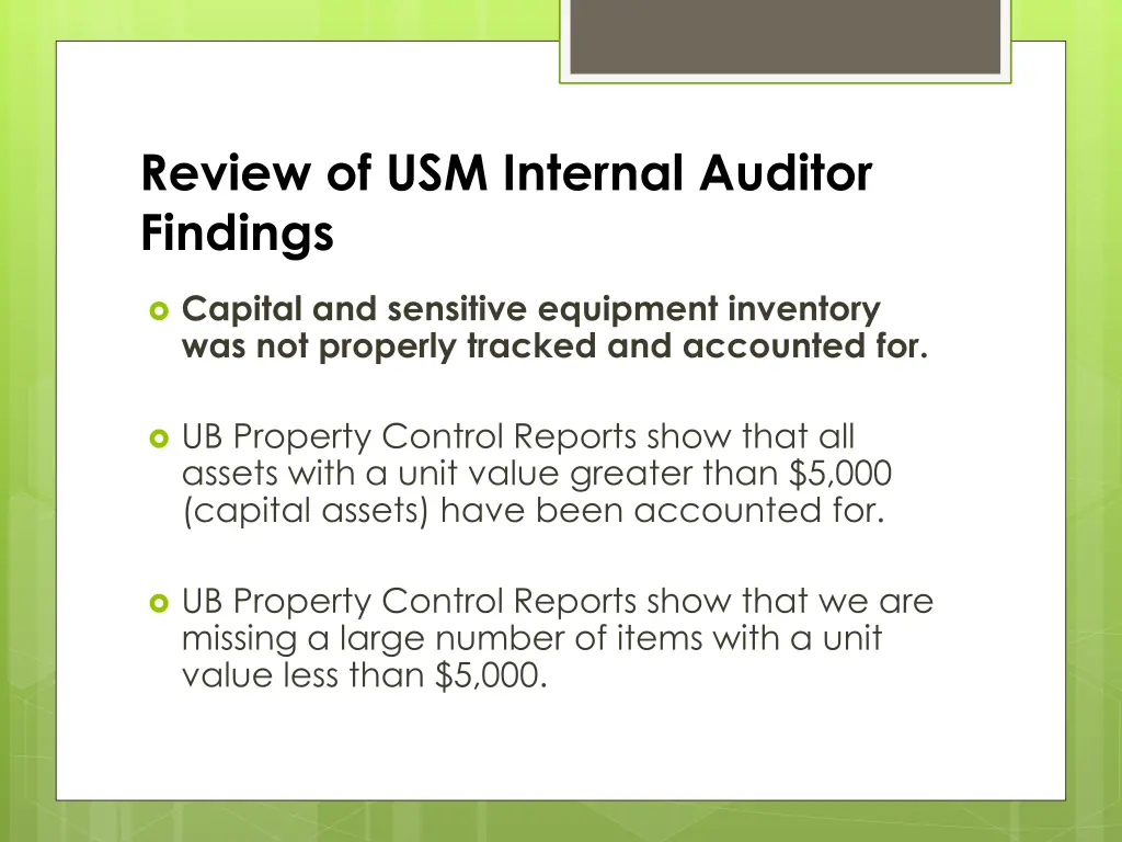 review of usm internal auditor findings