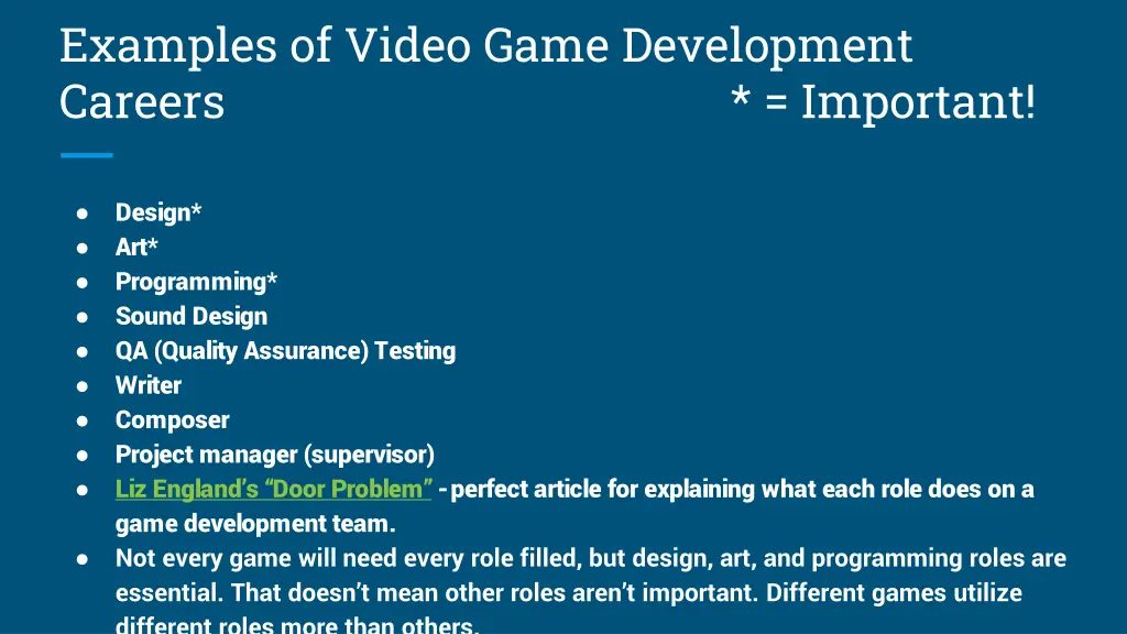 examples of video game development careers
