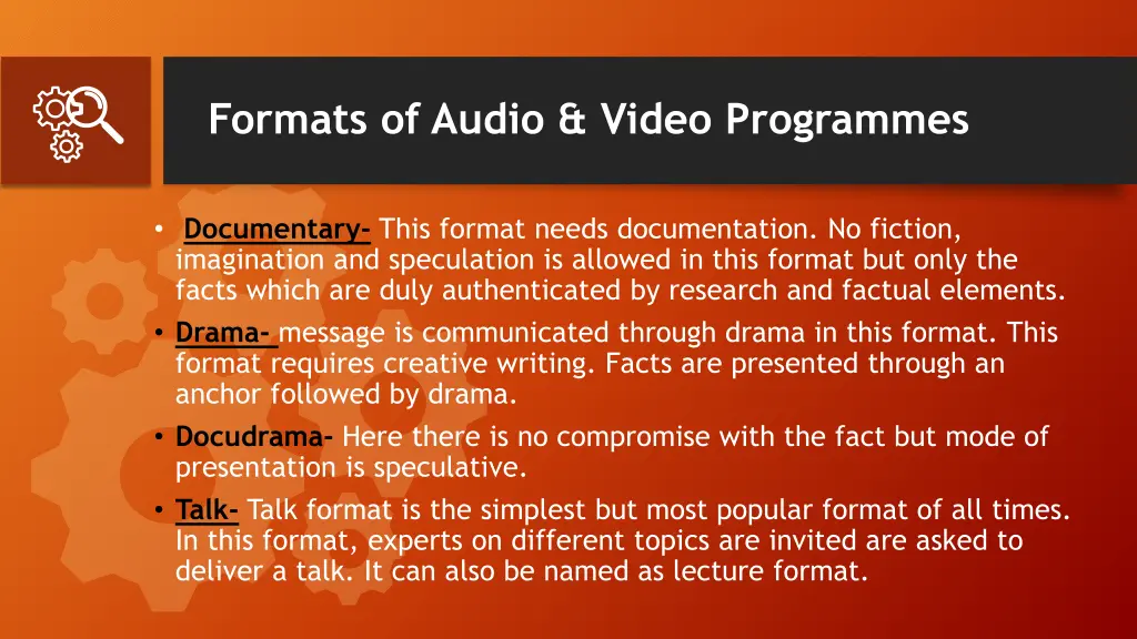 formats of audio video programmes