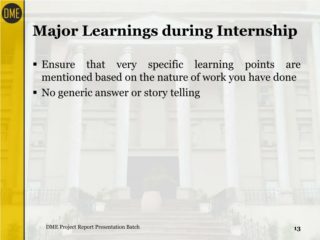 major learnings during internship