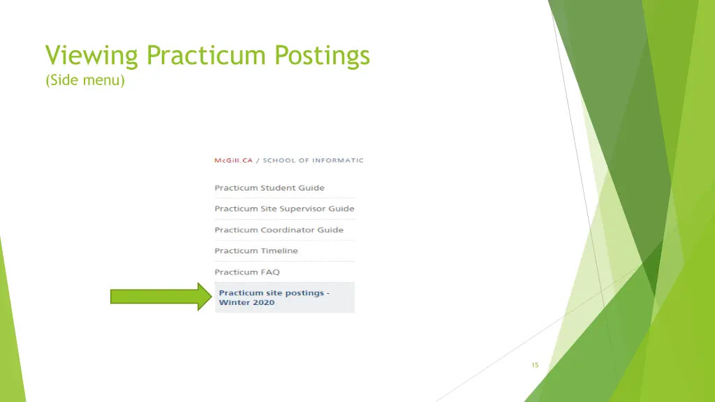 viewing practicum postings side menu