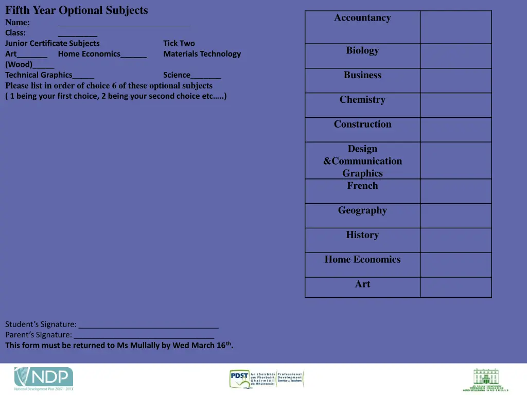 fifth year optional subjects name class junior