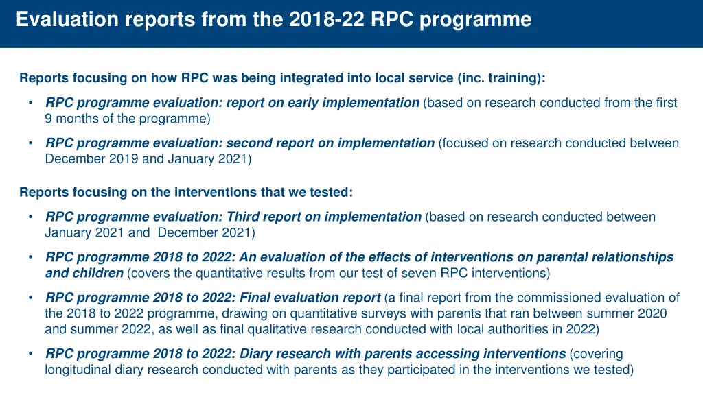 evaluation reports from the 2018 22 rpc programme