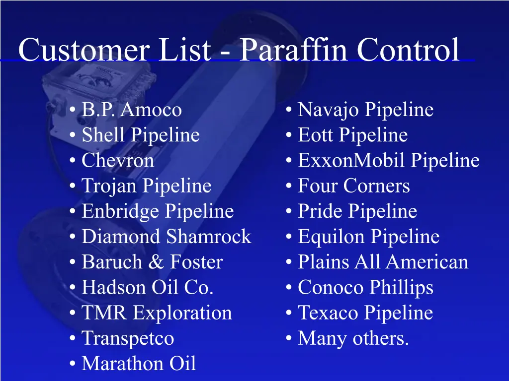 customer list paraffin control